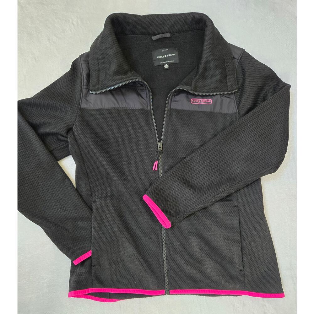 Lucky Brand Women’s Medium Black Zip Fleece Jacket Pink Trim Pre-Owned